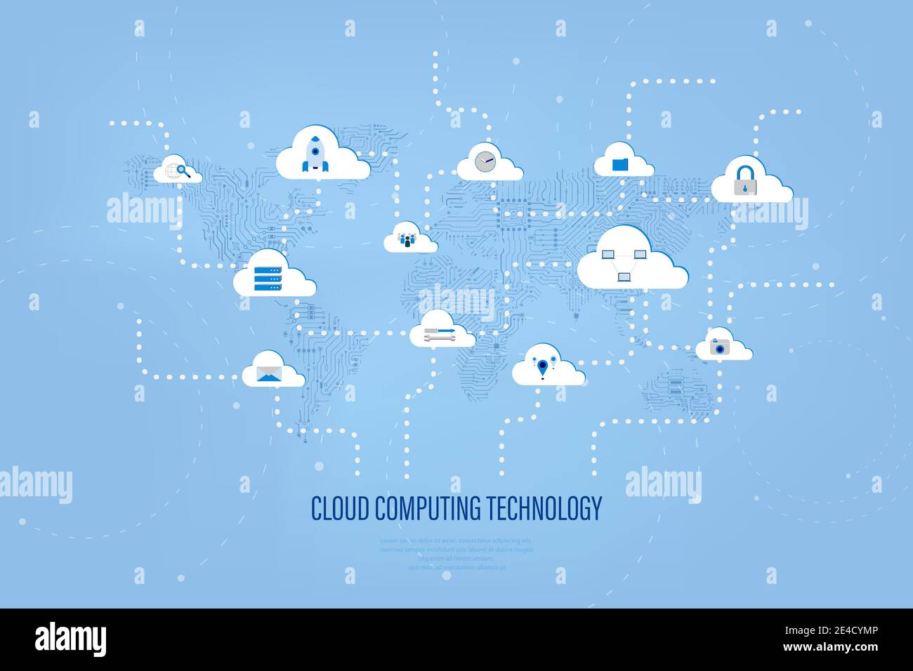 Cloud-Computing-Technologie mit Symbolen auf Schaltkreis Weltkarte Vektor Abbildung Stock Vektor