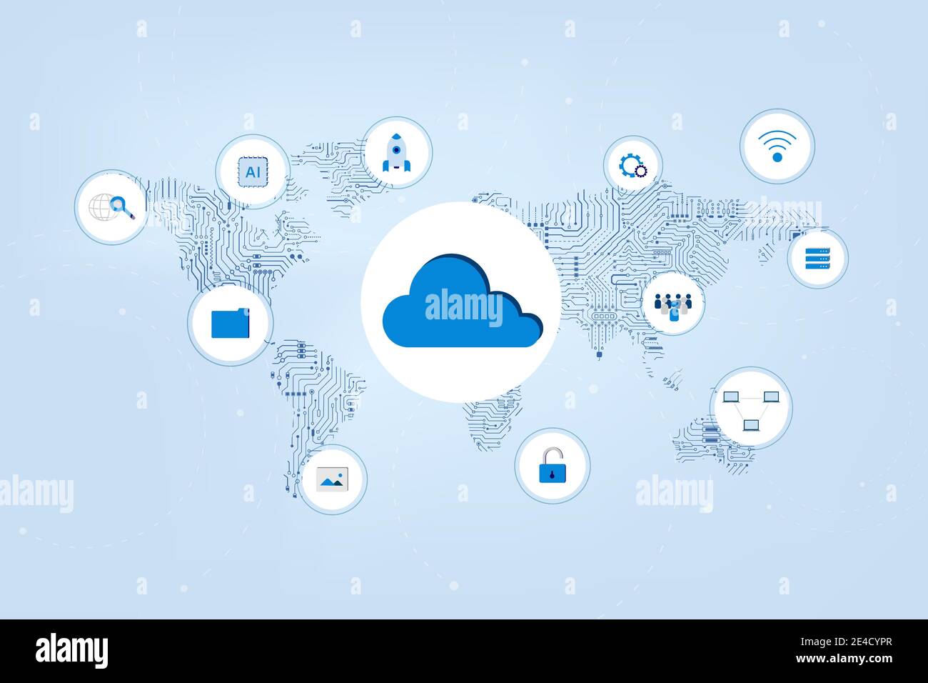 Cloud-Computing-Technologie mit Symbolen auf Schaltkreis Weltkarte Vektor Abbildung Stock Vektor