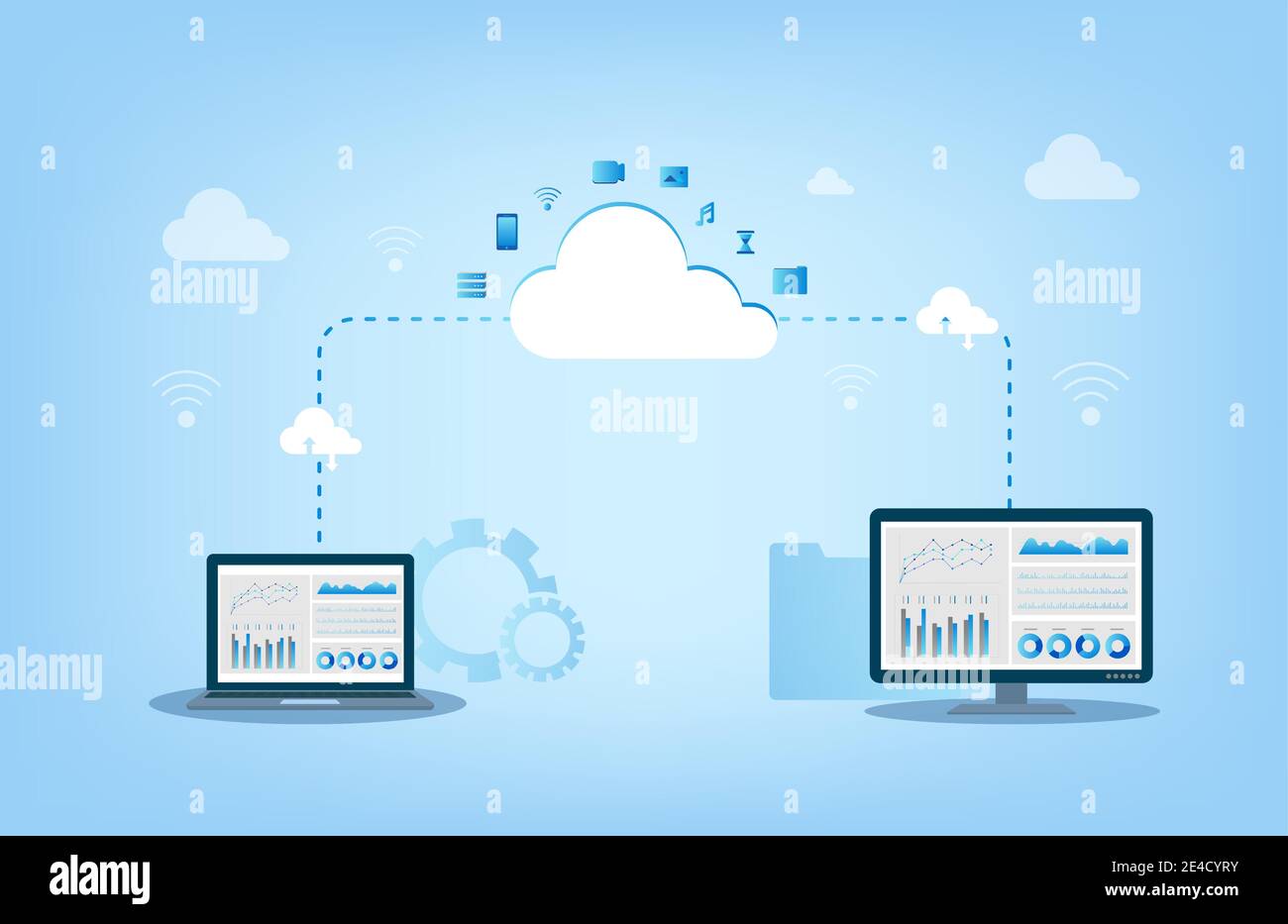 Cloud-Computing-Technologie mit Cloud-Symbolen und digitalen Gerätevektoren Abbildung Stock Vektor