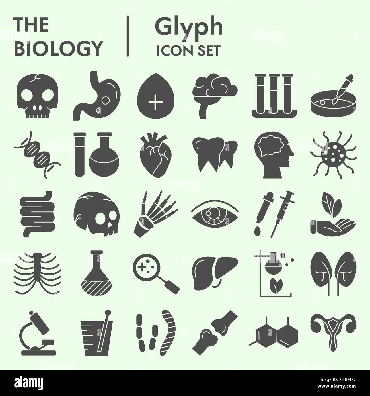 Biologie solide Icon Set, Wissenschaft und Gesundheit Symbole Set Sammlung oder Vektor-Skizzen. Menschliche Körper Zeichen für Computer-Web gesetzt, die Glyphe Piktogramm-Stil Stock Vektor