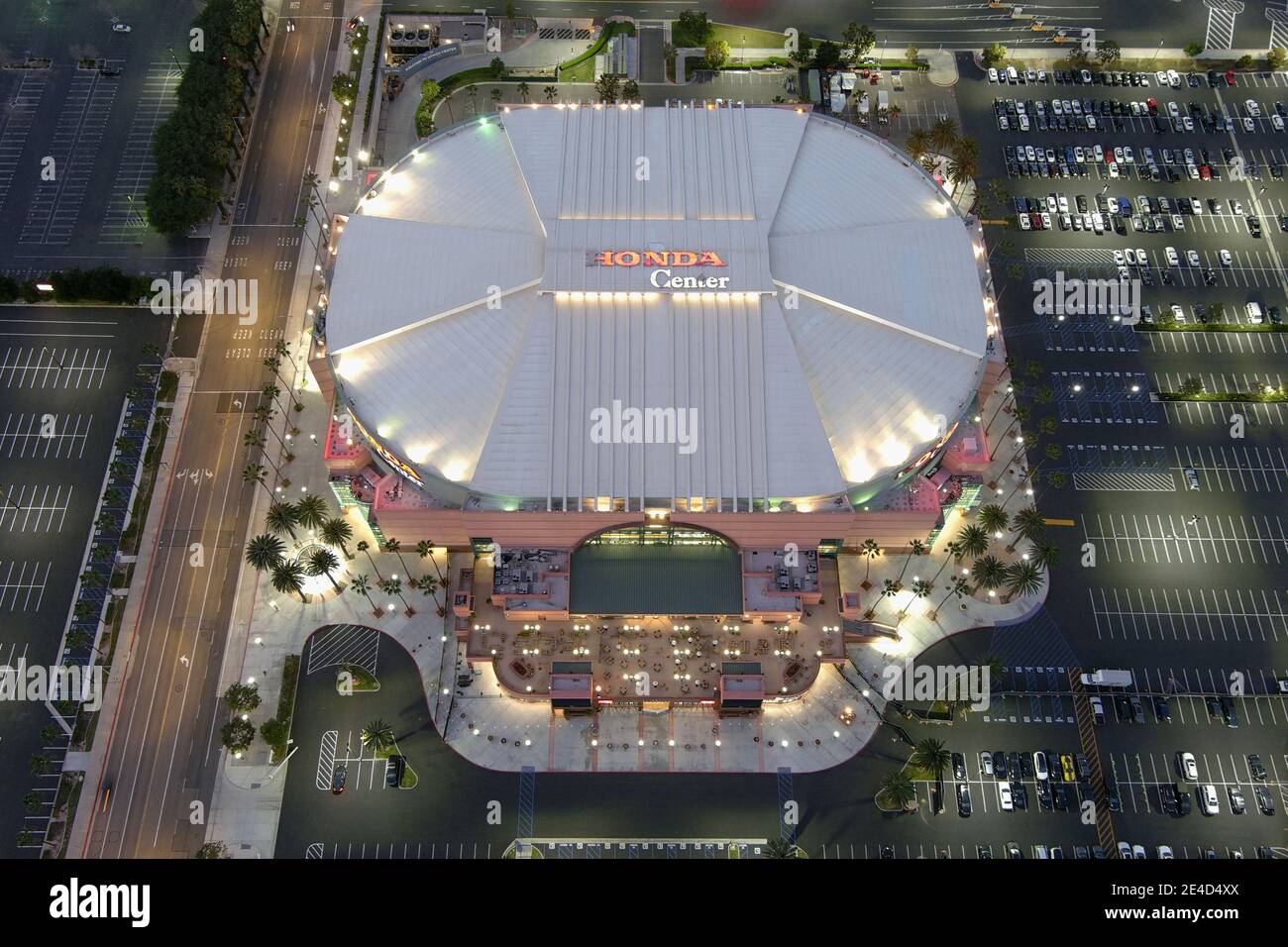 Eine Luftaufnahme des Honda Center, Freitag, 22. Januar 2021, in Anaheim, Kalifornien. Stockfoto