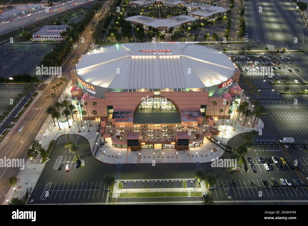 Eine Luftaufnahme des Honda Center, Freitag, 22. Januar 2021, in Anaheim, Kalifornien. Stockfoto