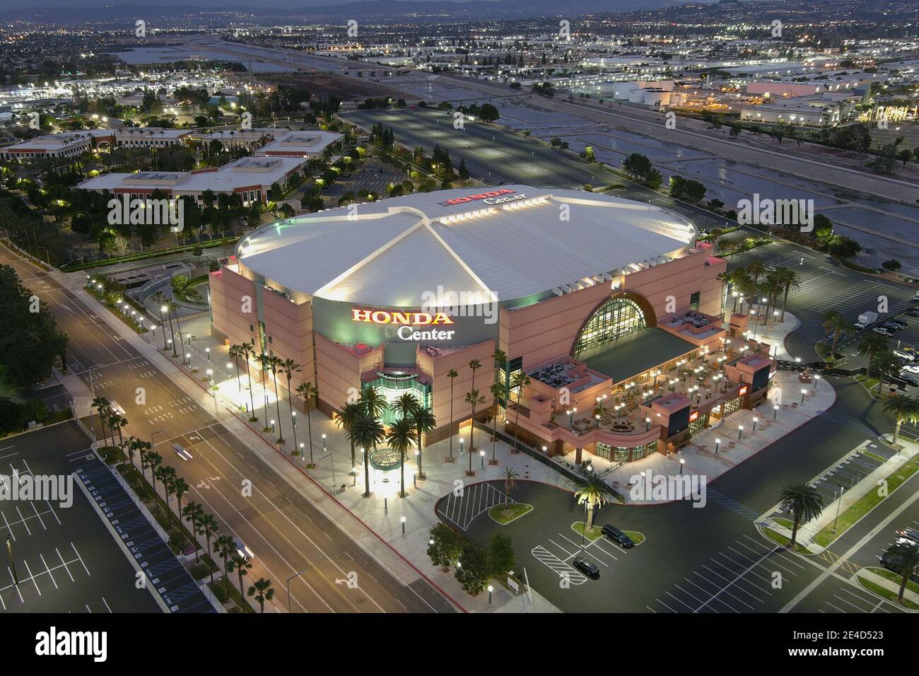 Eine Luftaufnahme des Honda Center, Freitag, 22. Januar 2021, in Anaheim, Kalifornien. Stockfoto