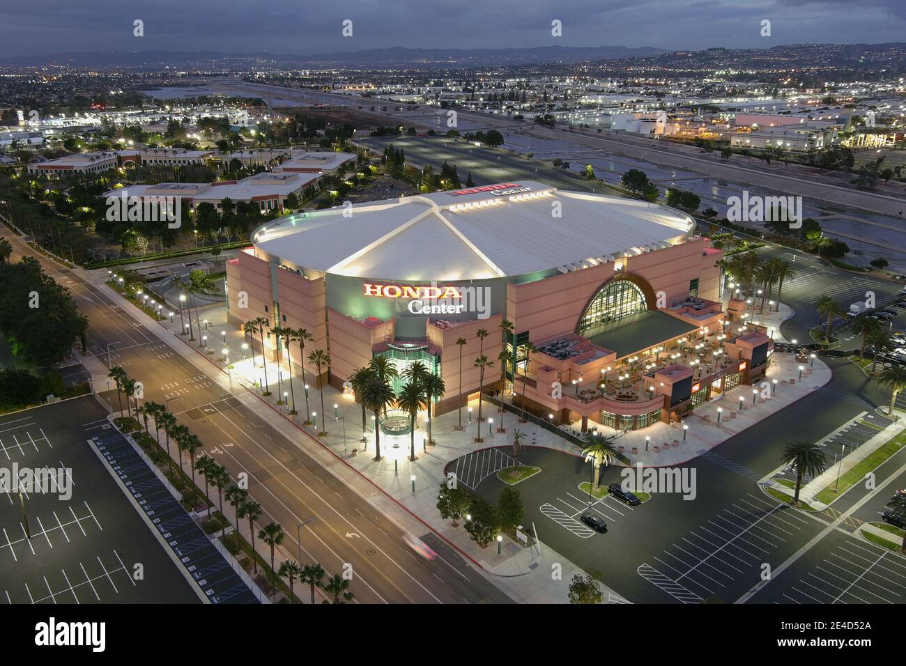 Eine Luftaufnahme des Honda Center, Freitag, 22. Januar 2021, in Anaheim, Kalifornien. Stockfoto