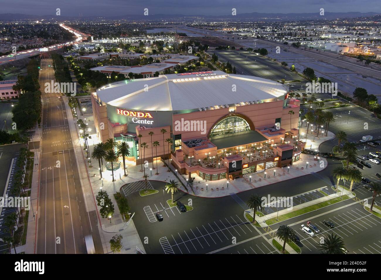 Eine Luftaufnahme des Honda Center, Freitag, 22. Januar 2021, in Anaheim, Kalifornien. Stockfoto