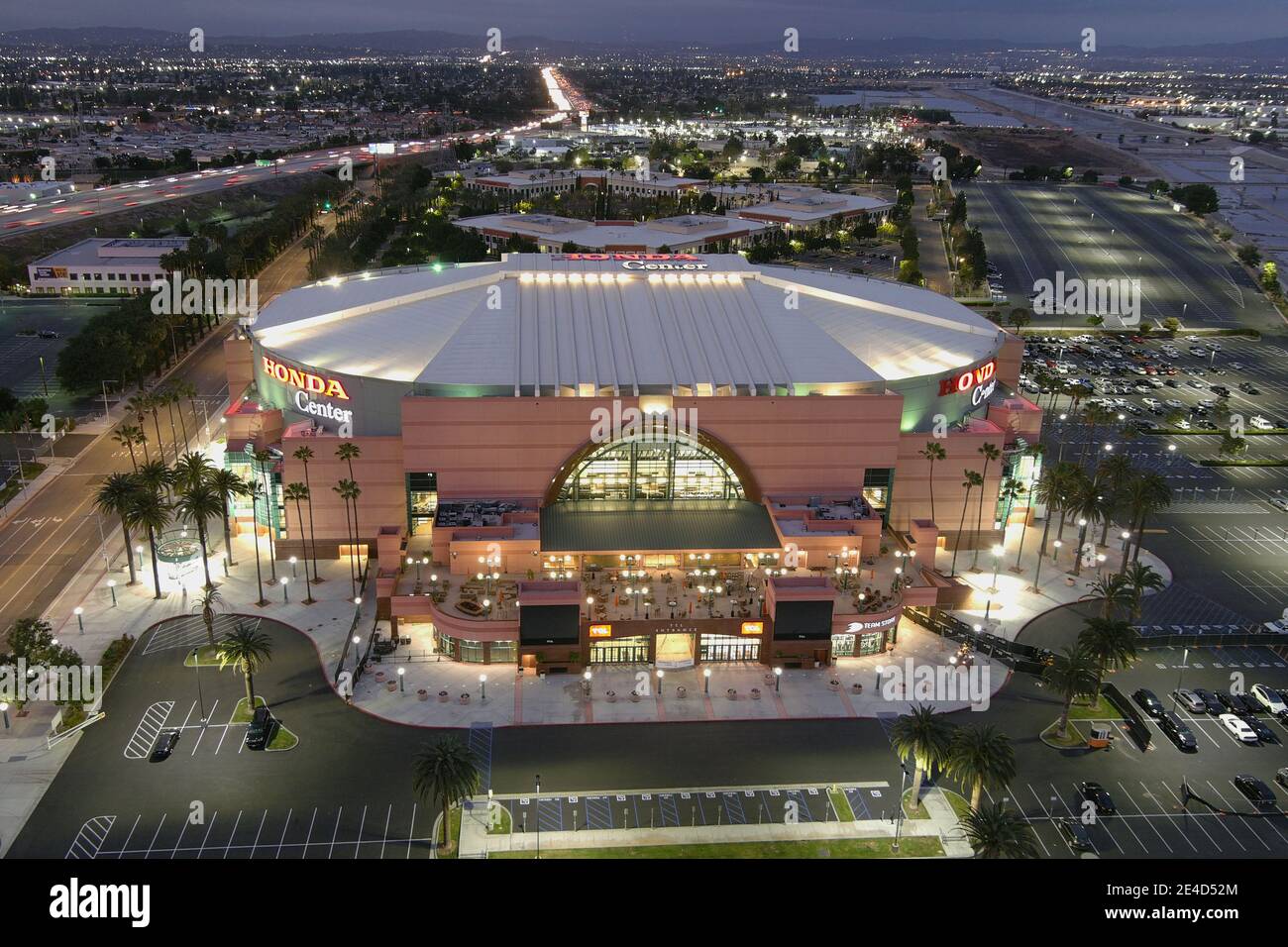 Eine Luftaufnahme des Honda Center, Freitag, 22. Januar 2021, in Anaheim, Kalifornien. Stockfoto
