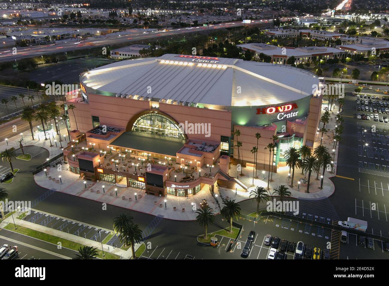 Eine Luftaufnahme des Honda Center, Freitag, 22. Januar 2021, in Anaheim, Kalifornien. Stockfoto