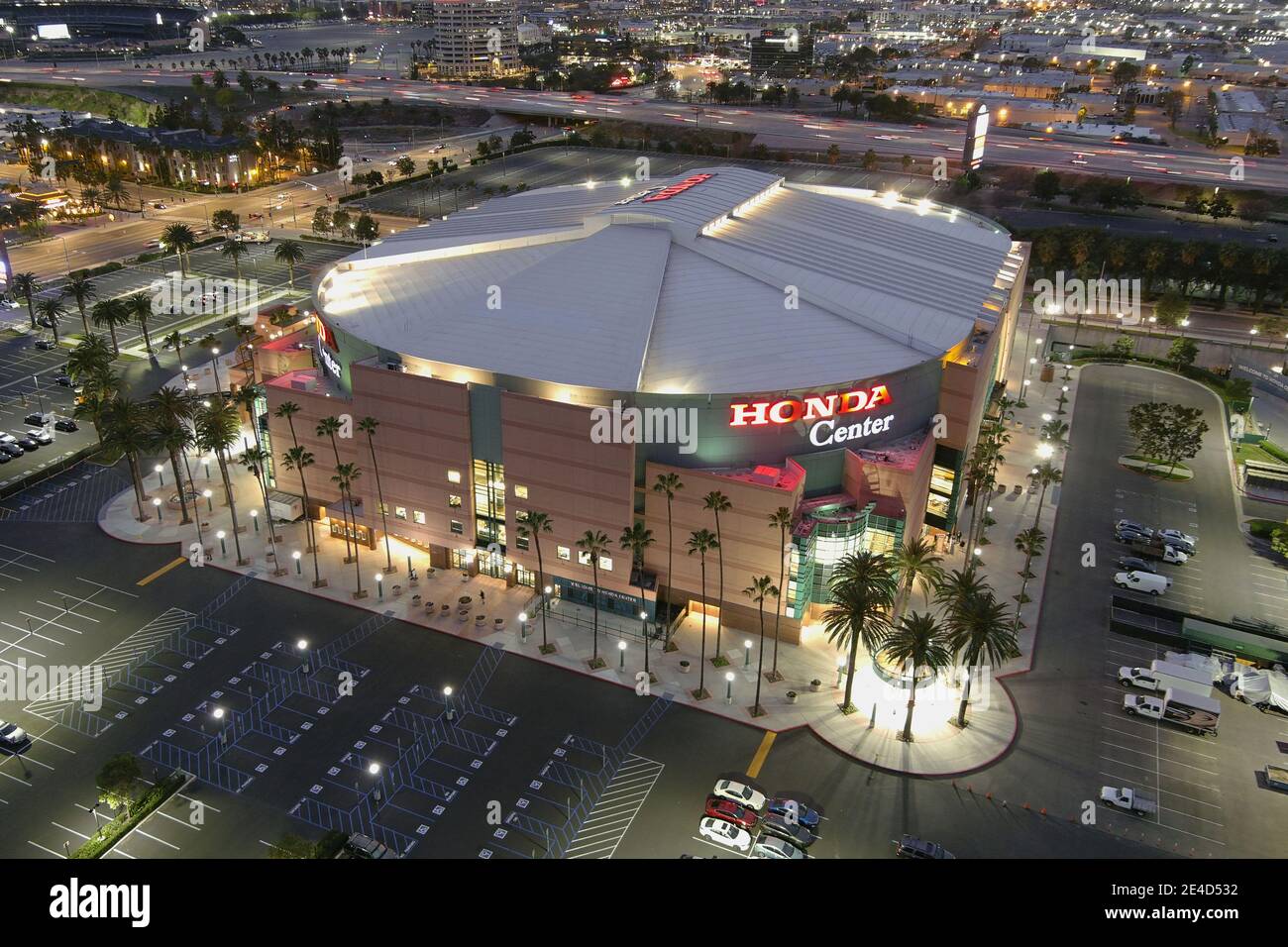 Eine Luftaufnahme des Honda Center, Freitag, 22. Januar 2021, in Anaheim, Kalifornien. Stockfoto