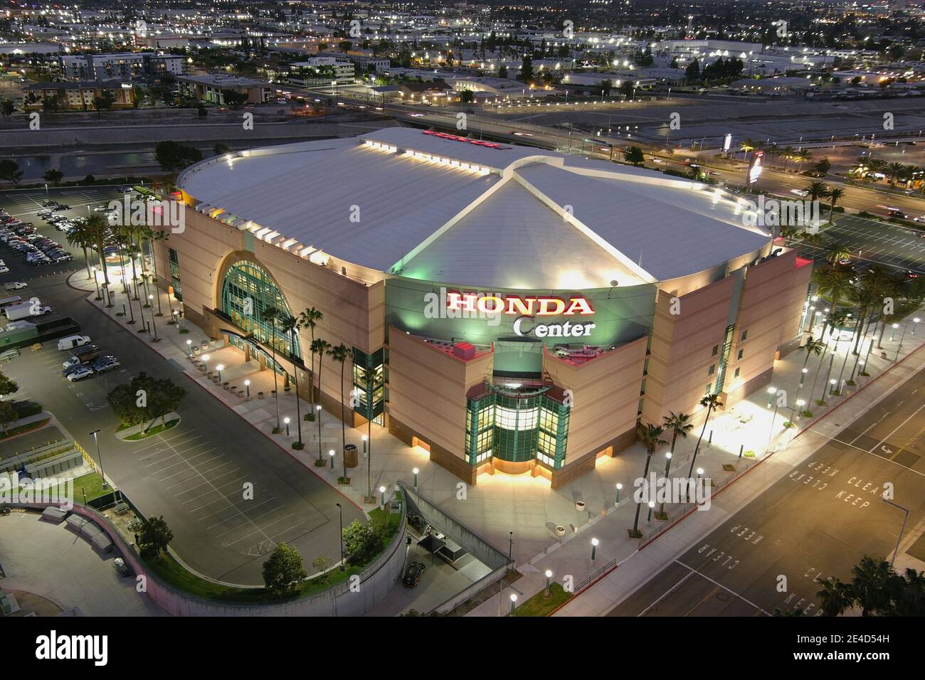 Eine Luftaufnahme des Honda Center, Freitag, 22. Januar 2021, in Anaheim, Kalifornien. Stockfoto