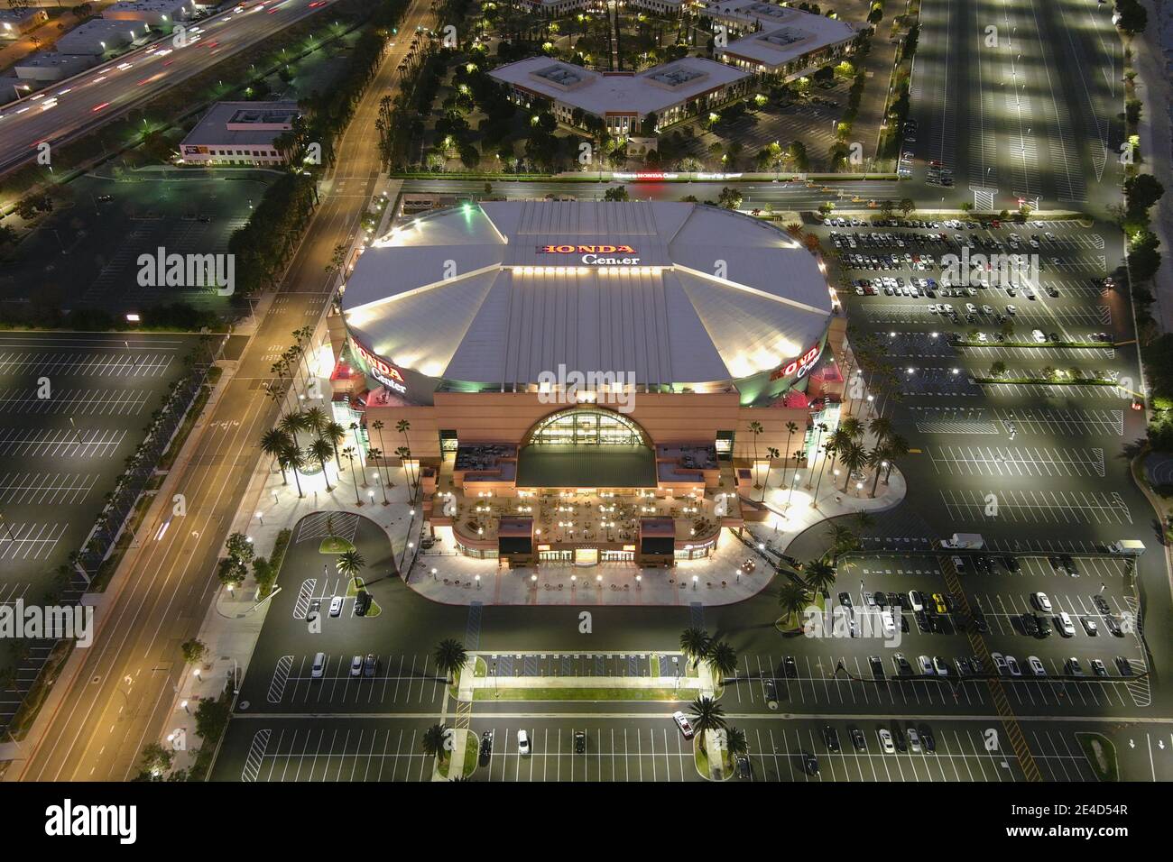Eine Luftaufnahme des Honda Center, Freitag, 22. Januar 2021, in Anaheim, Kalifornien. Stockfoto
