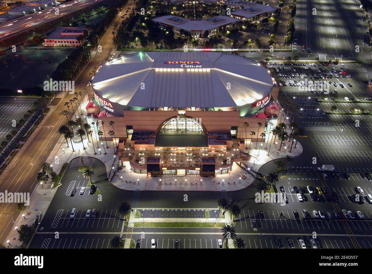 Eine Luftaufnahme des Honda Center, Freitag, 22. Januar 2021, in Anaheim, Kalifornien. Stockfoto