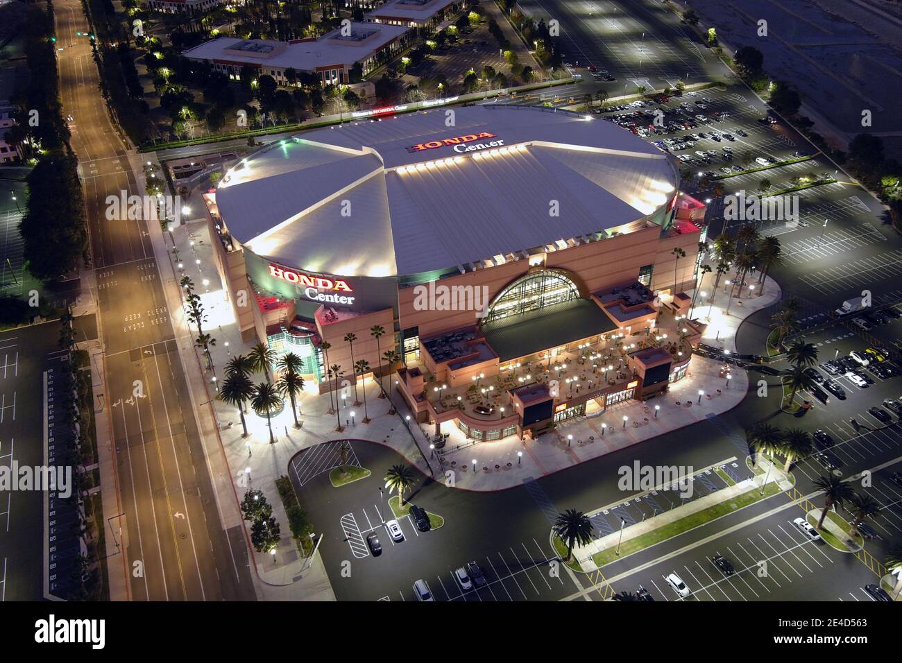 Eine Luftaufnahme des Honda Center, Freitag, 22. Januar 2021, in Anaheim, Kalifornien. Stockfoto