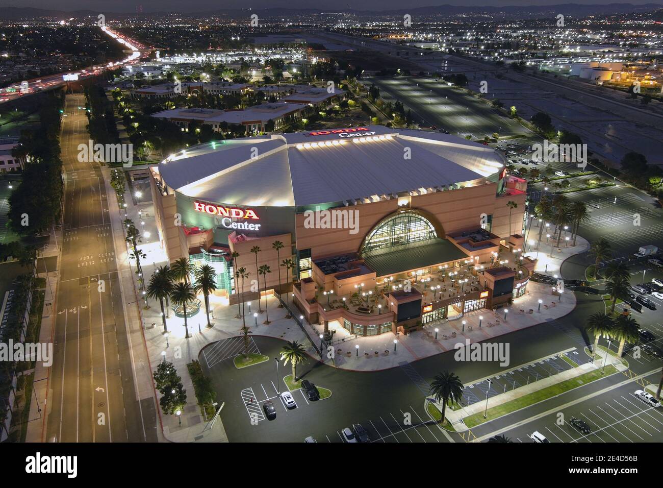 Eine Luftaufnahme des Honda Center, Freitag, 22. Januar 2021, in Anaheim, Kalifornien. Stockfoto