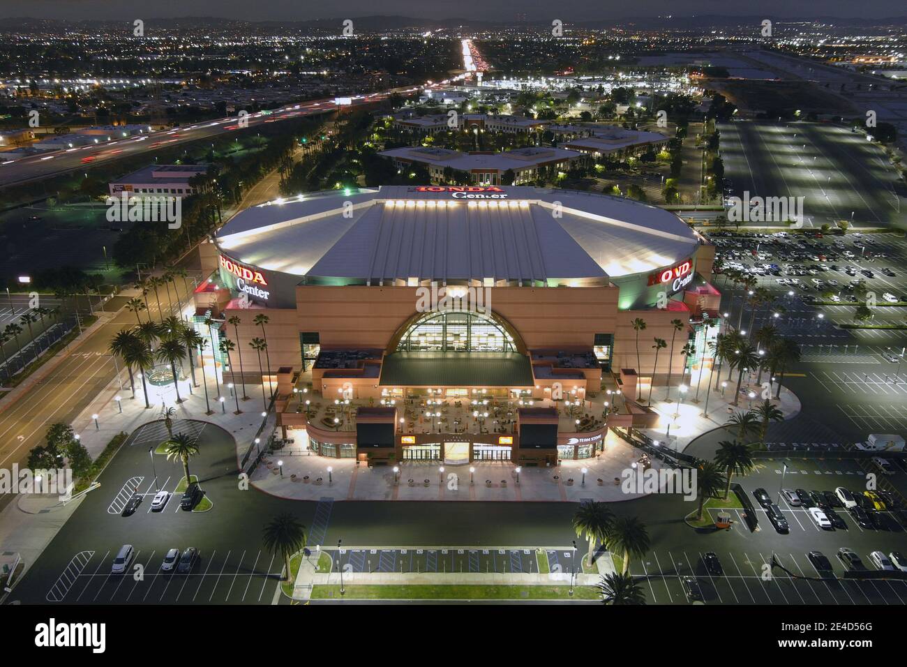 Eine Luftaufnahme des Honda Center, Freitag, 22. Januar 2021, in Anaheim, Kalifornien. Stockfoto