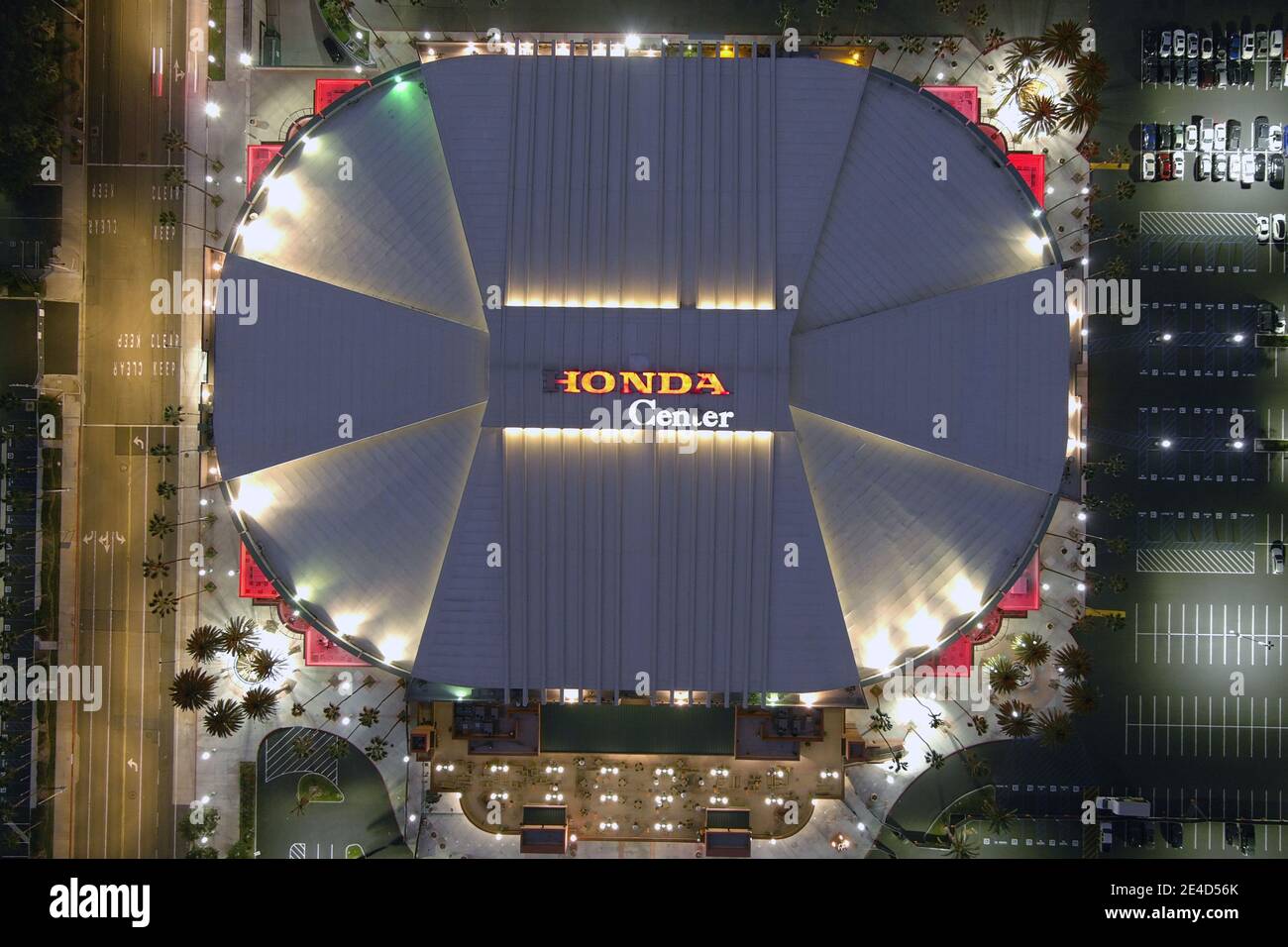 Eine Luftaufnahme des Honda Center, Freitag, 22. Januar 2021, in Anaheim, Kalifornien. Stockfoto