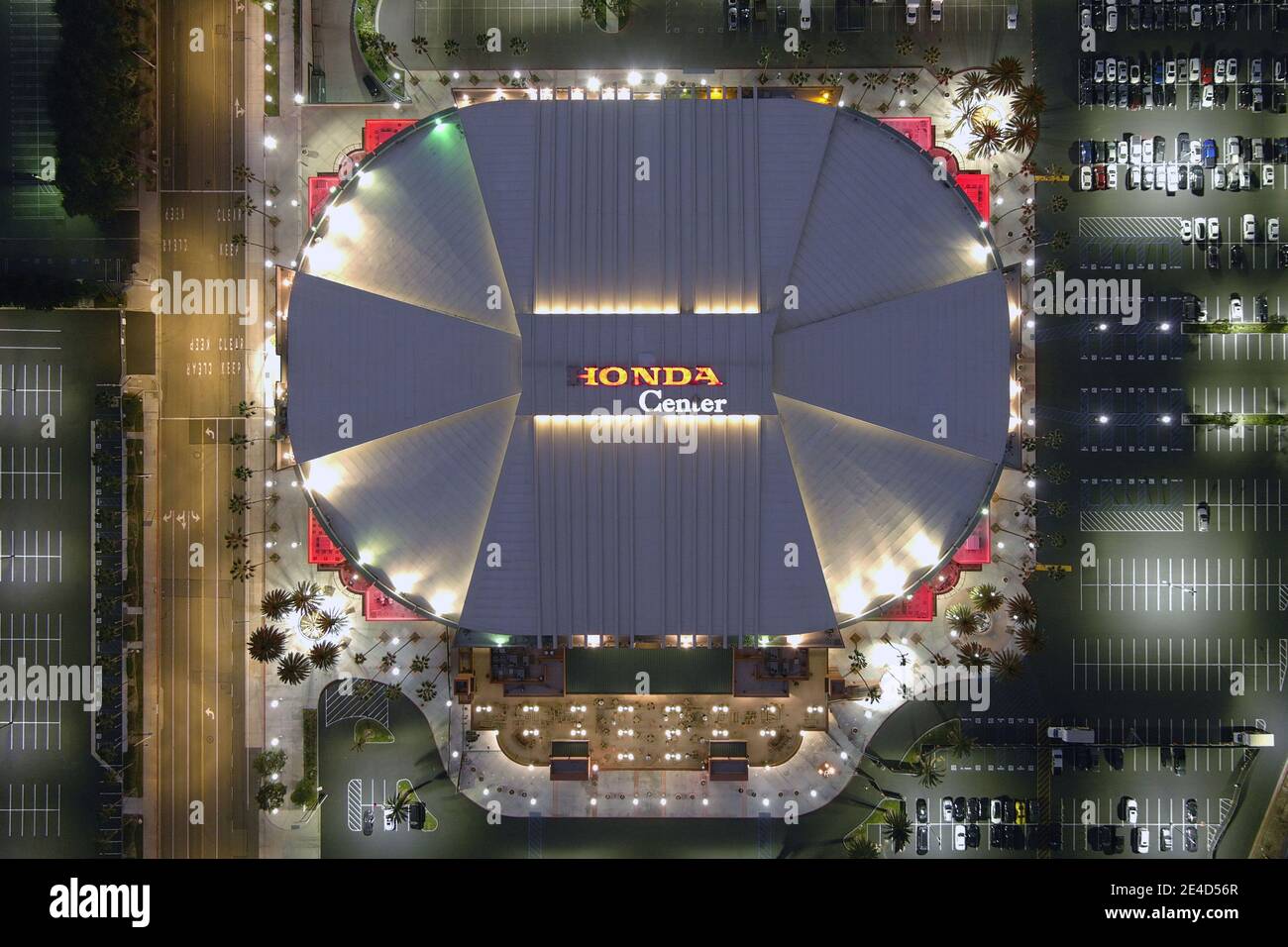 Eine Luftaufnahme des Honda Center, Freitag, 22. Januar 2021, in Anaheim, Kalifornien. Stockfoto