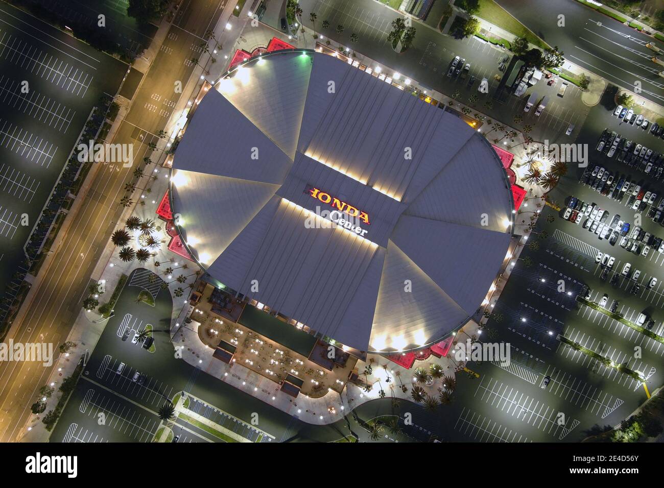 Eine Luftaufnahme des Honda Center, Freitag, 22. Januar 2021, in Anaheim, Kalifornien. Stockfoto
