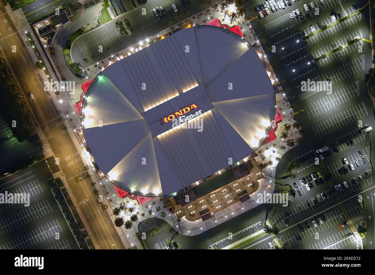 Eine Luftaufnahme des Honda Center, Freitag, 22. Januar 2021, in Anaheim, Kalifornien. Stockfoto