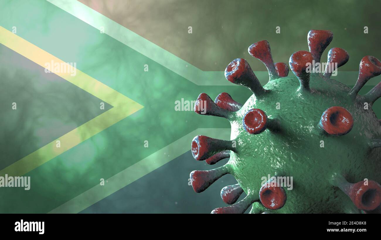 Covid Südafrika Variante, covid-19 Virus mit afrikanischer grüner Flagge Stockfoto