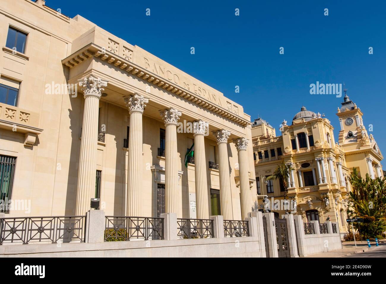 Neoklassizistisches Gebäude der Banco de España, Malaga, Costa del Sol. Andalusien. Südspanien, Europa Stockfoto