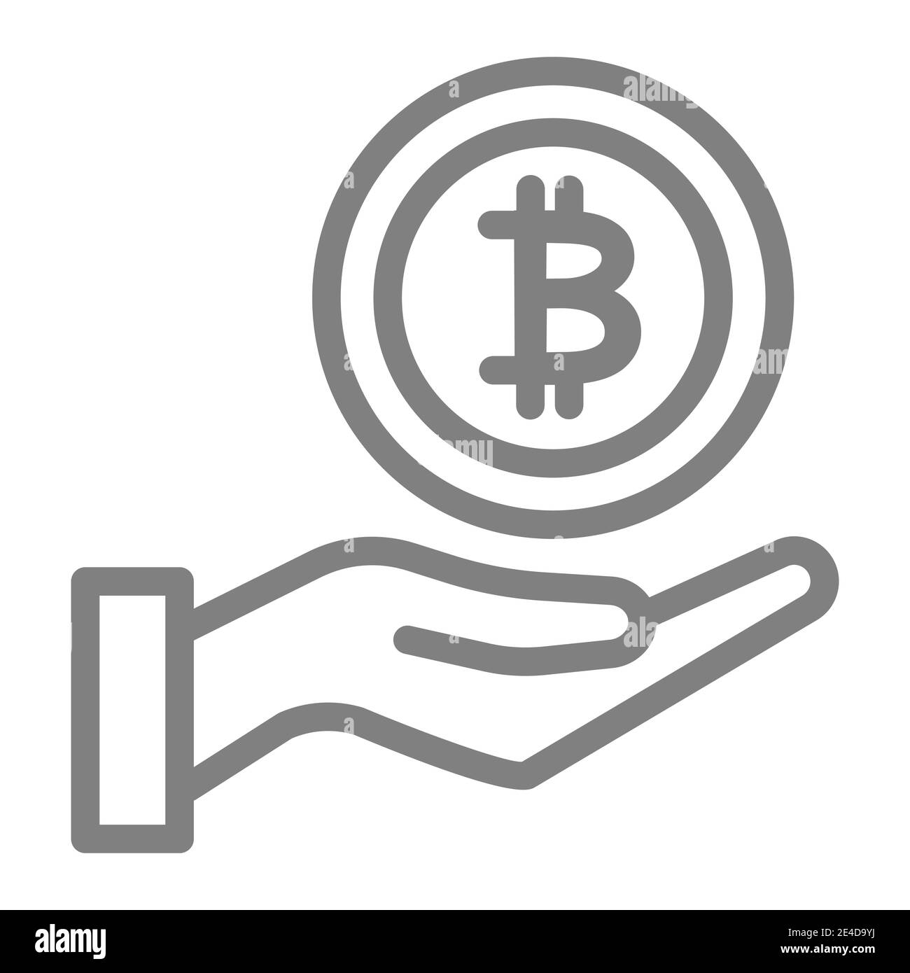 Symbol für Sparzeile. Münze in Handfläche Vektor-Illustration isoliert auf weiß. Bitcoin und Hand outline Stil Design, für Web und App entwickelt. Eps 10. Stock Vektor