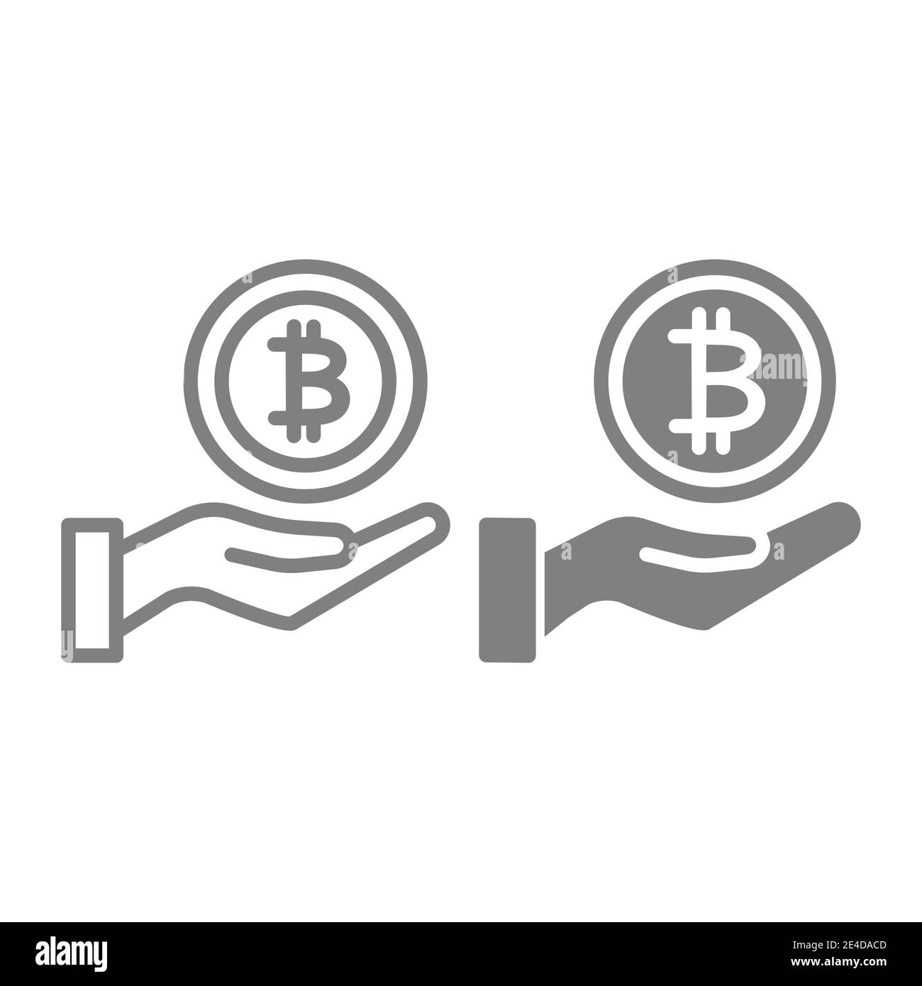Sparlinie und Glyph-Symbol. Münze in Handfläche Vektor-Illustration isoliert auf weiß. Bitcoin und Hand outline Stil Design, für Web und App entwickelt Stock Vektor