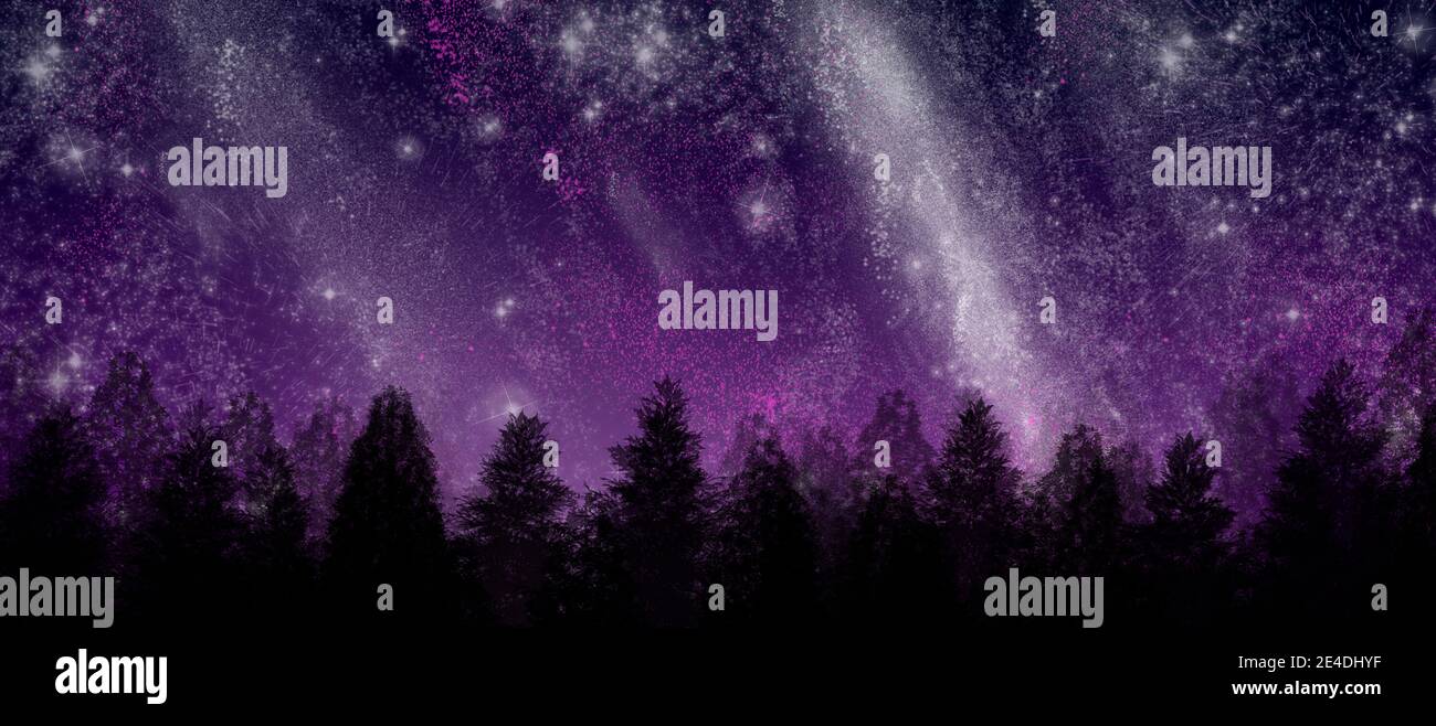 Abstrakter Raum im Hintergrund. Hintergrund des Sternenhimmels und der Bäume. Für Text platzieren. Stockfoto