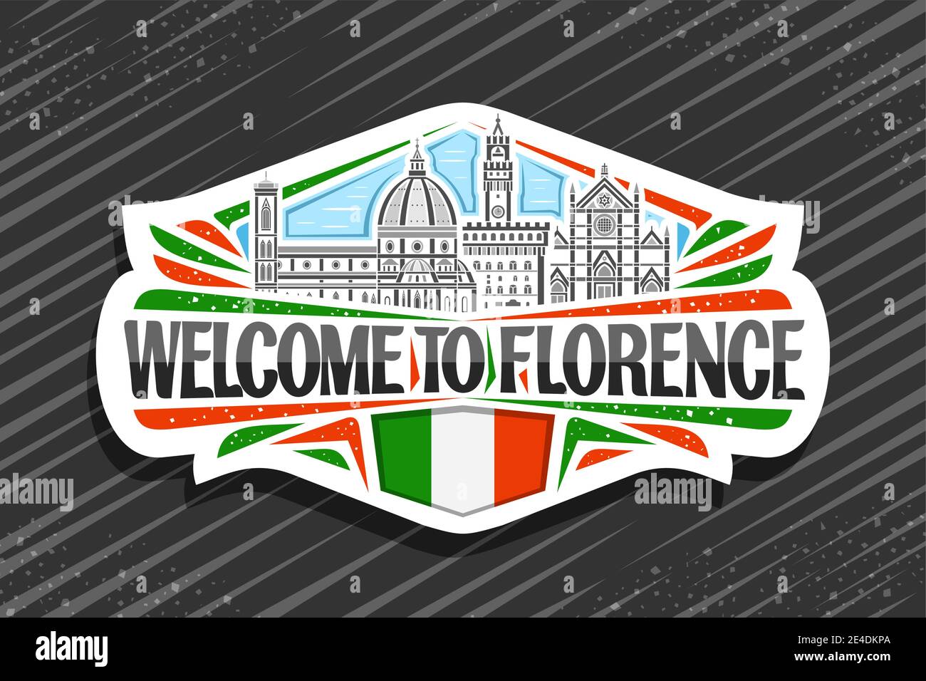 Vektor-Logo für Florenz, weißes dekoratives Zeichen mit Umriss Illustration von florenz Stadtbild auf Tag Himmel Hintergrund, Kunst-Design Kühlschrank Magnet mit Stock Vektor