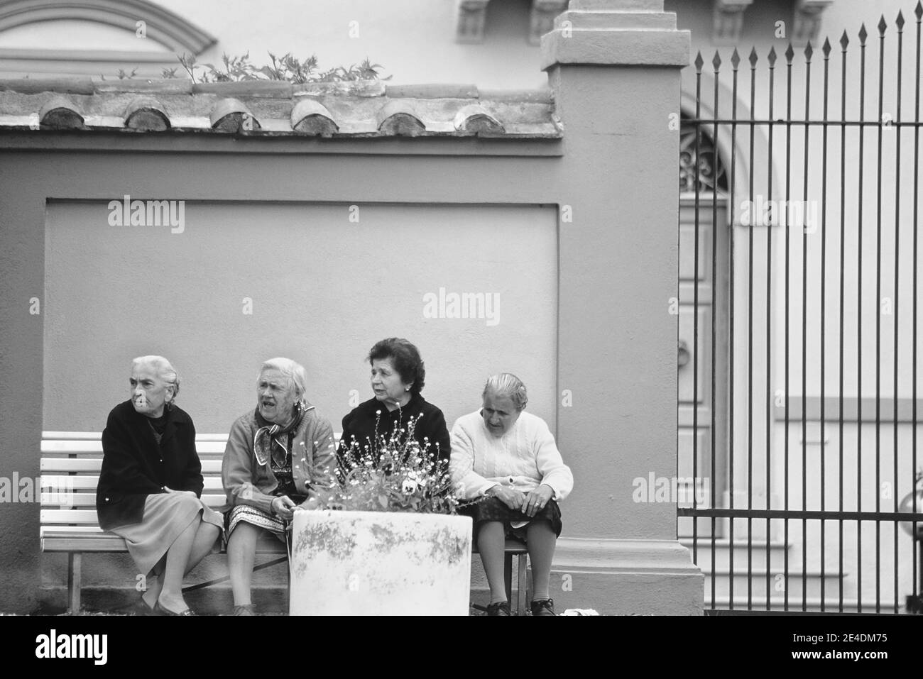 Vier ältere italienische Damen sitzen auf einer öffentlichen Bank und diskutieren. Italien Stockfoto