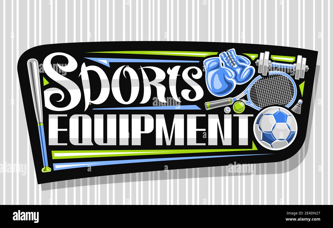 Vektor-Logo für Sportgeräte, schwarzes Dekorationsschild für Sportartikelgeschäft mit Illustrationen von vielen vielfältigen Spielzubehör, einzigartiges bru Stock Vektor