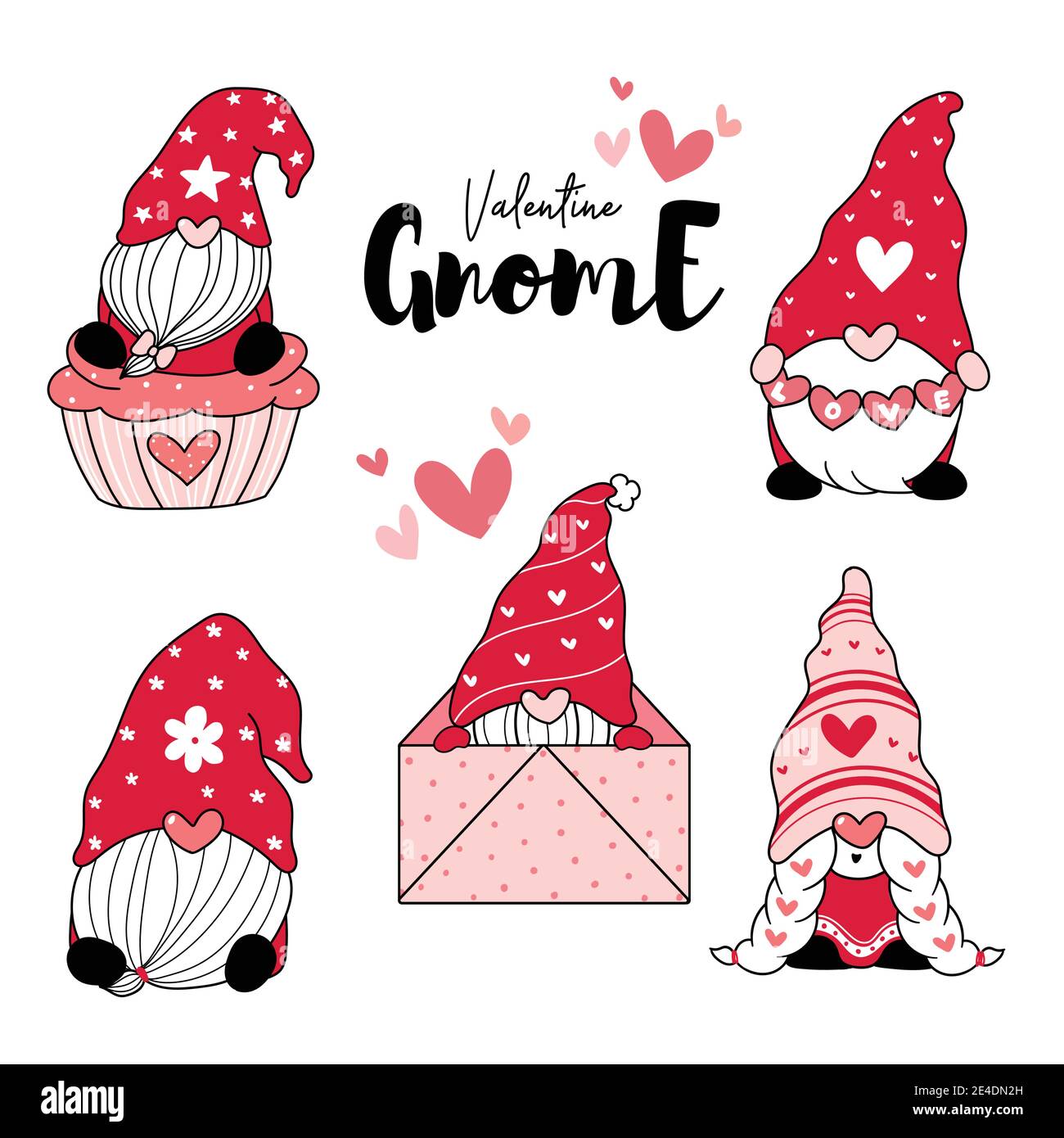 Cute Love Gnome Red Valentine mit Herz Cartoon Zeichnung Clip Art Element Sammlung, Valentine Gnome Stock Vektor