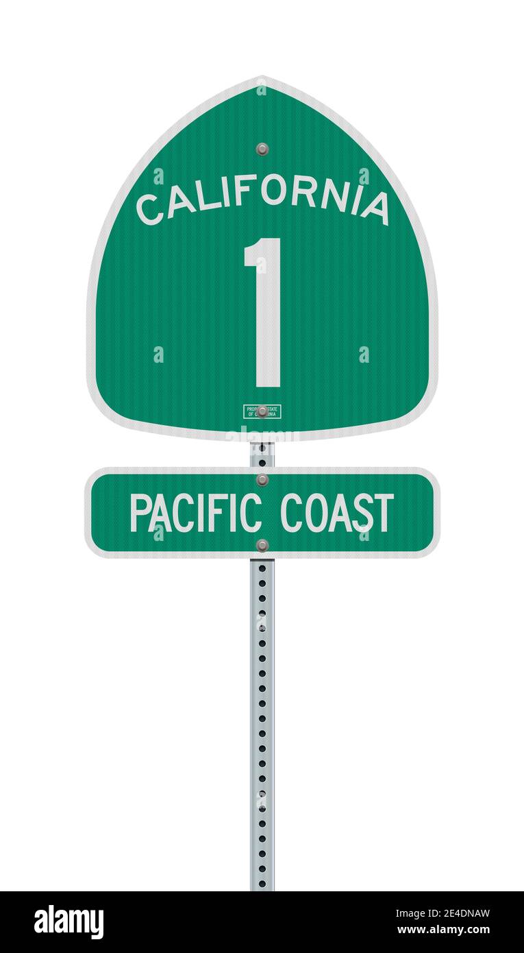 Vektordarstellung der Pazifikküste und des California State Highway Grüne Straßenschilder auf Metallpfosten Stock Vektor