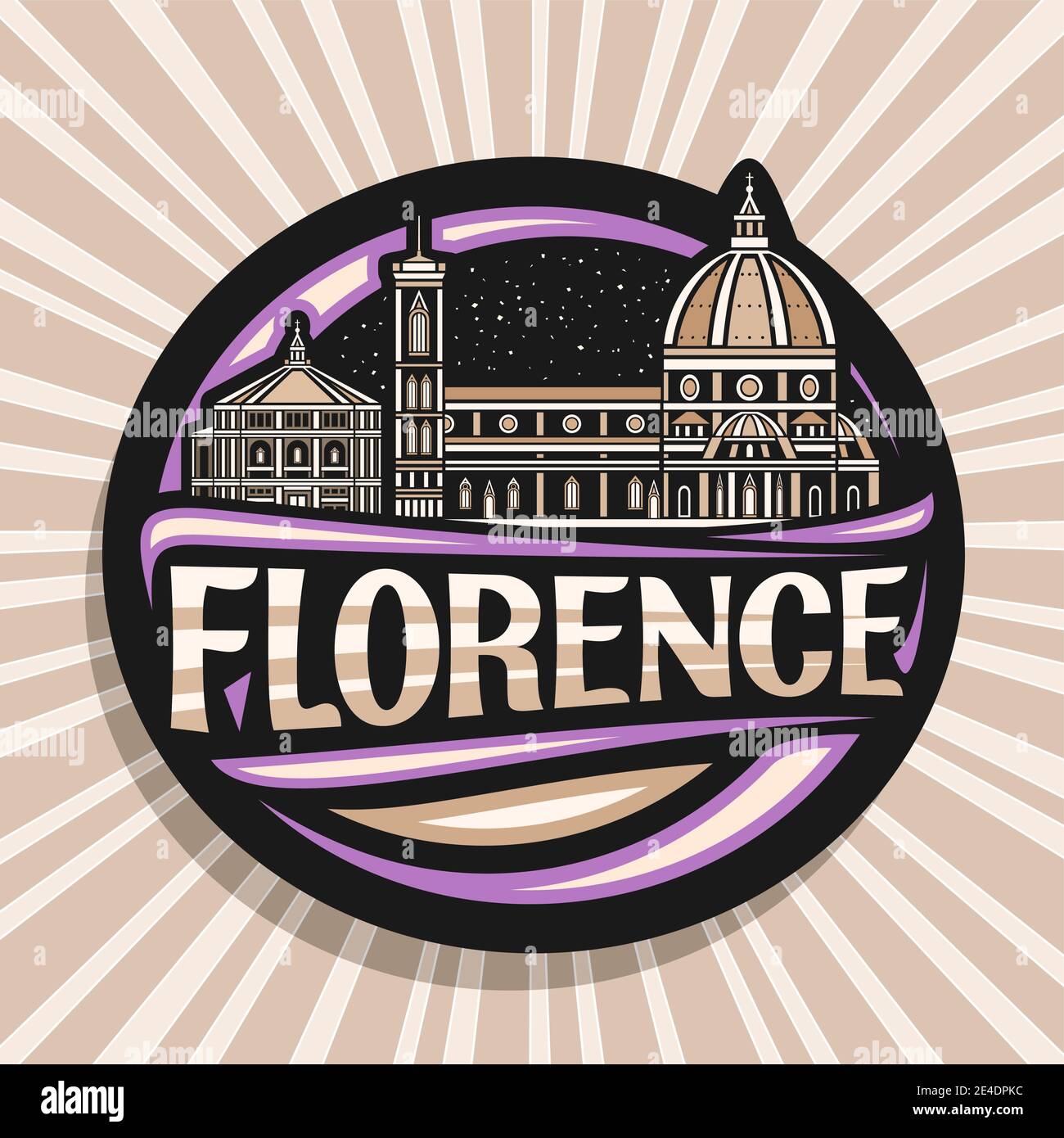Vektor-Logo für Florenz, schwarz dekorativen Tag mit Umriss Illustration der historischen florenz Stadtbild auf Dämmerung Himmel Hintergrund, Design Tourist frid Stock Vektor