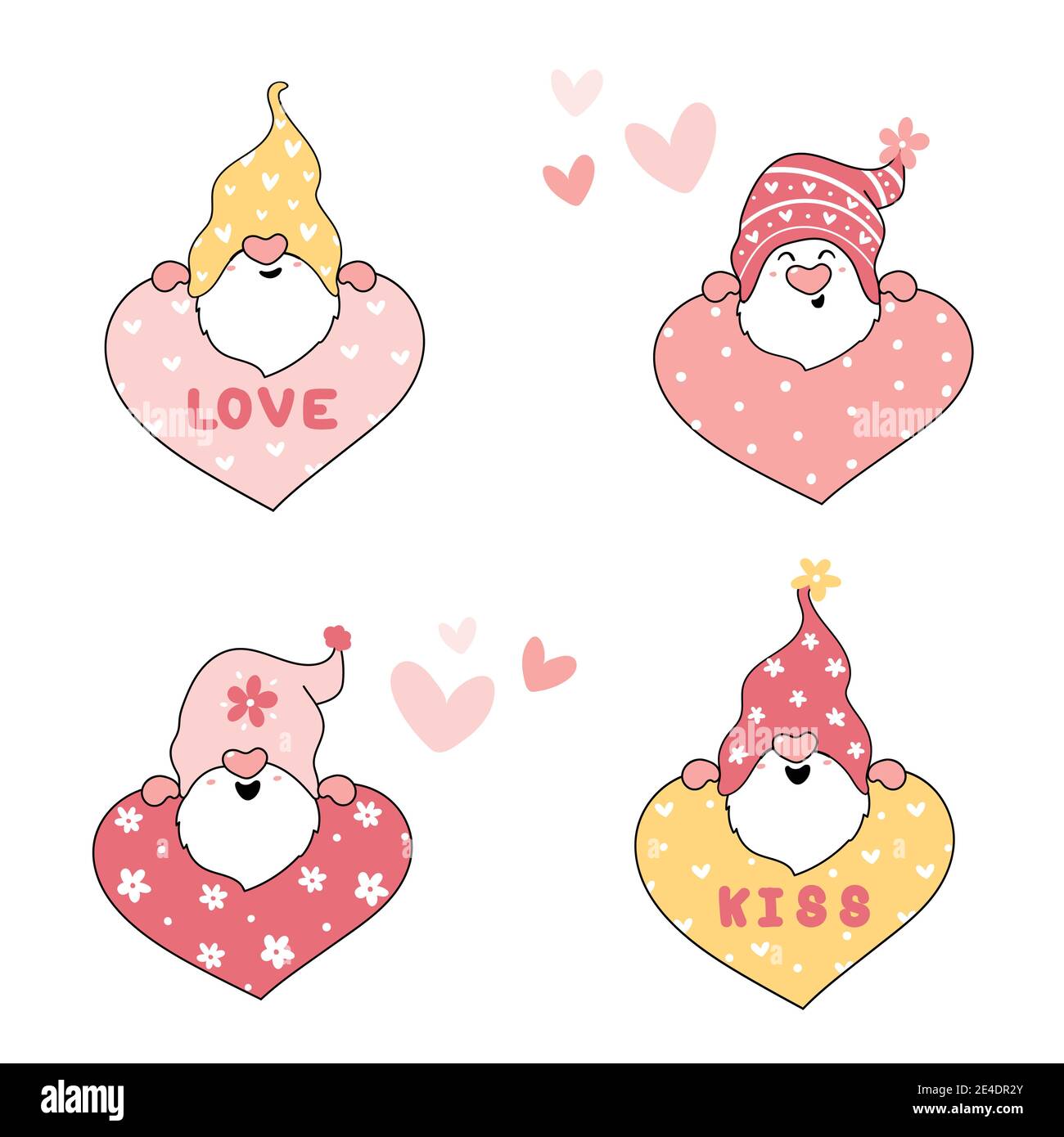 Cute Valentine rosa Gnome mit Herz, Liebe, Kuss Sammlung, Karikatur skizzieren Vektor Stock Vektor