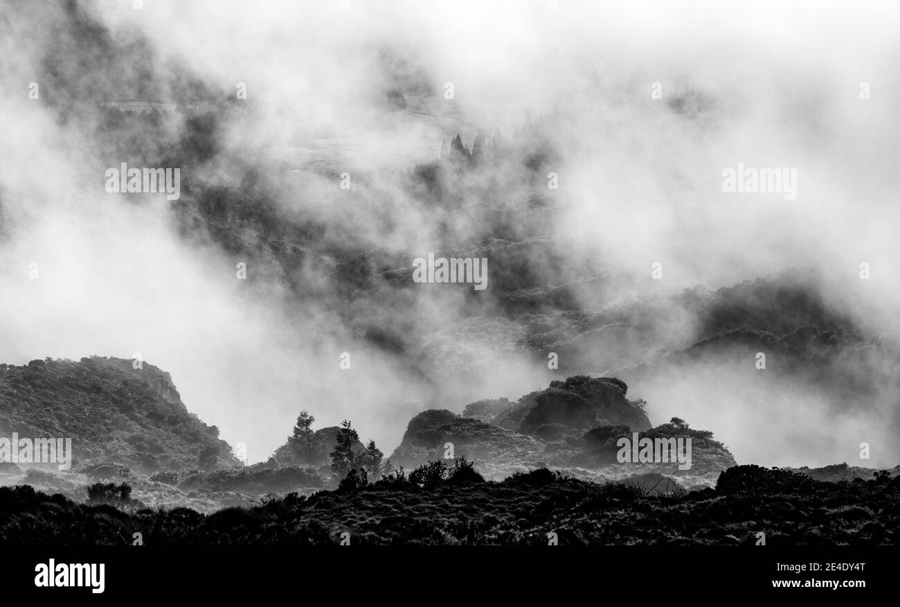 Schwarz-weiß Sonnenuntergang in den Wolken, am Pico da Barrosa, Lagoa do Fogo Gegend, Sao Miguel Insel. Azoren. Stockfoto