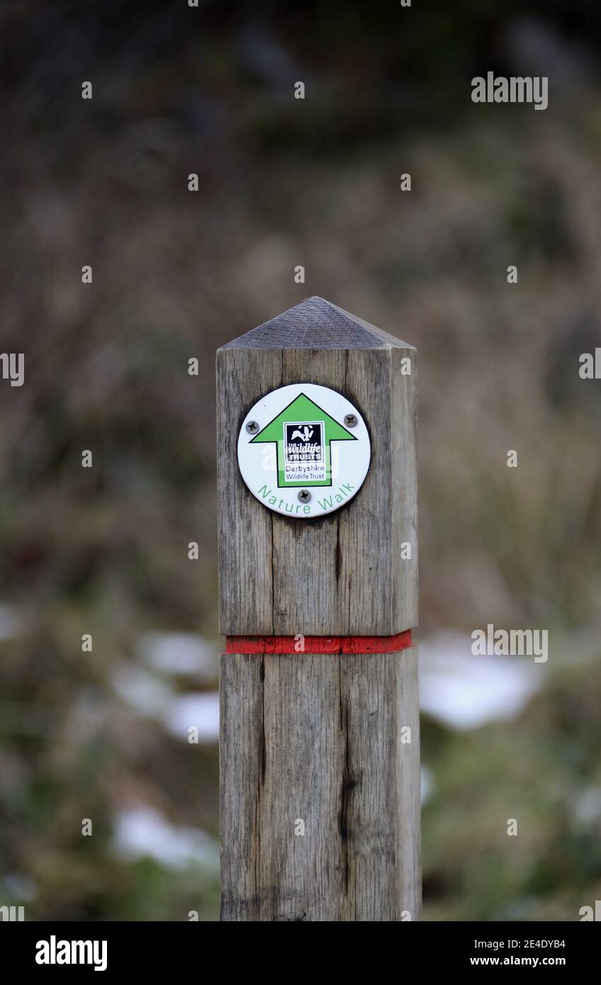 Wandermarkierung in einem Derbyshire Nature Reserve Stockfoto