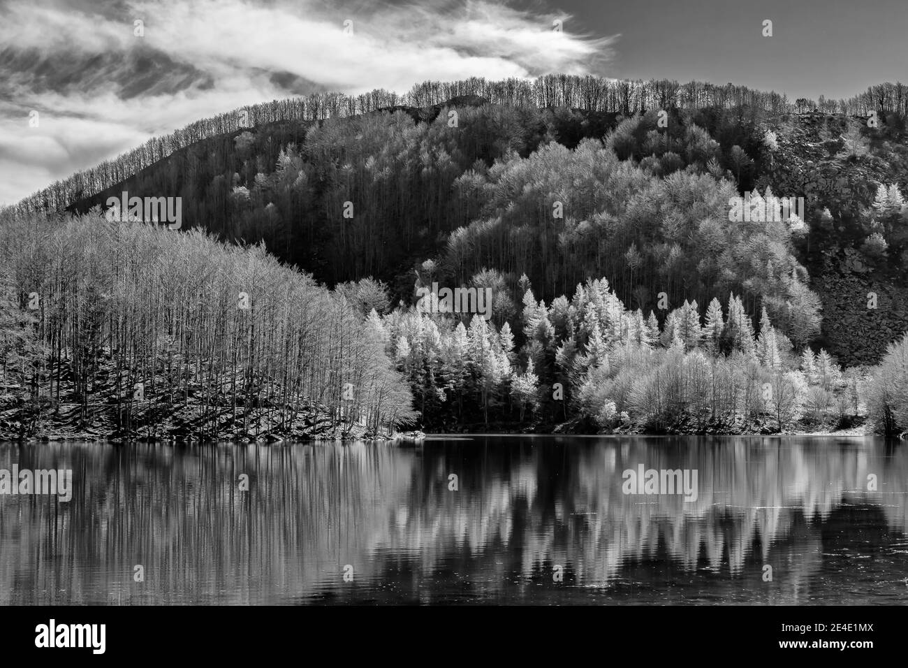 Schwarz-Weiß-Ansicht eines ruhigen Moments am See Santo Modenese an einem sonnigen Tag, Pievepelago, Italien Stockfoto