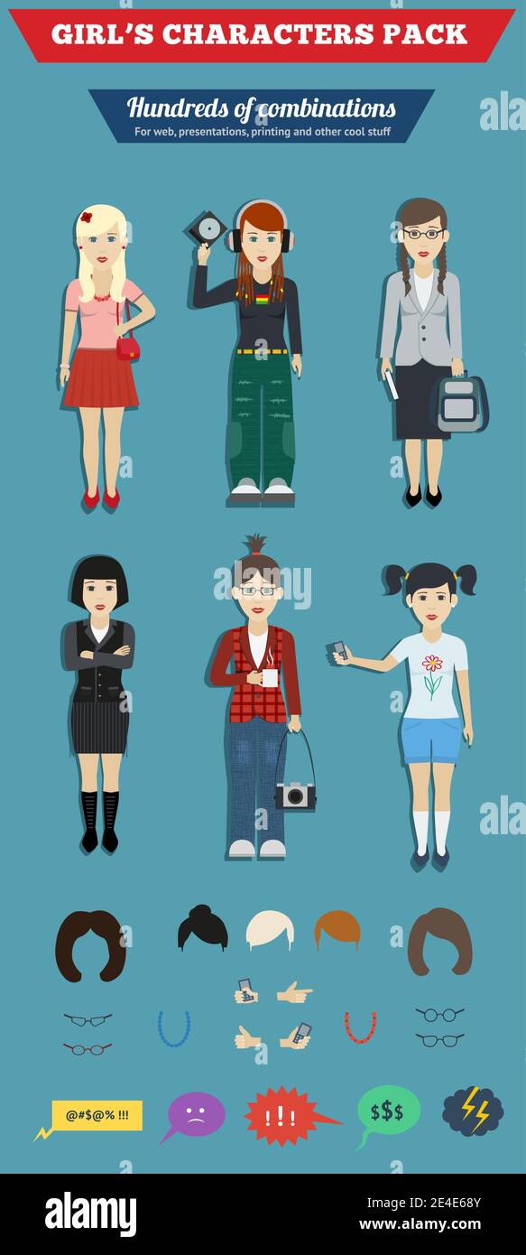 Teenager Mädchen in verschiedenen Kleidungsstilen Charakter Pack Vektor Illustration Stock Vektor