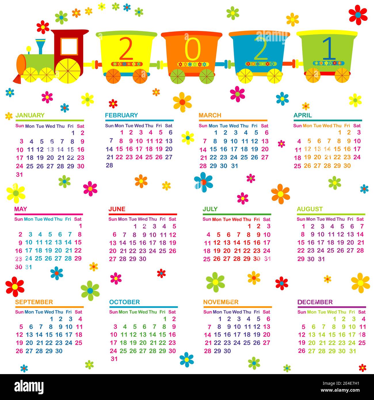2021 Kalender mit Spielzeugzug und Blumen für Kinder Stock Vektor