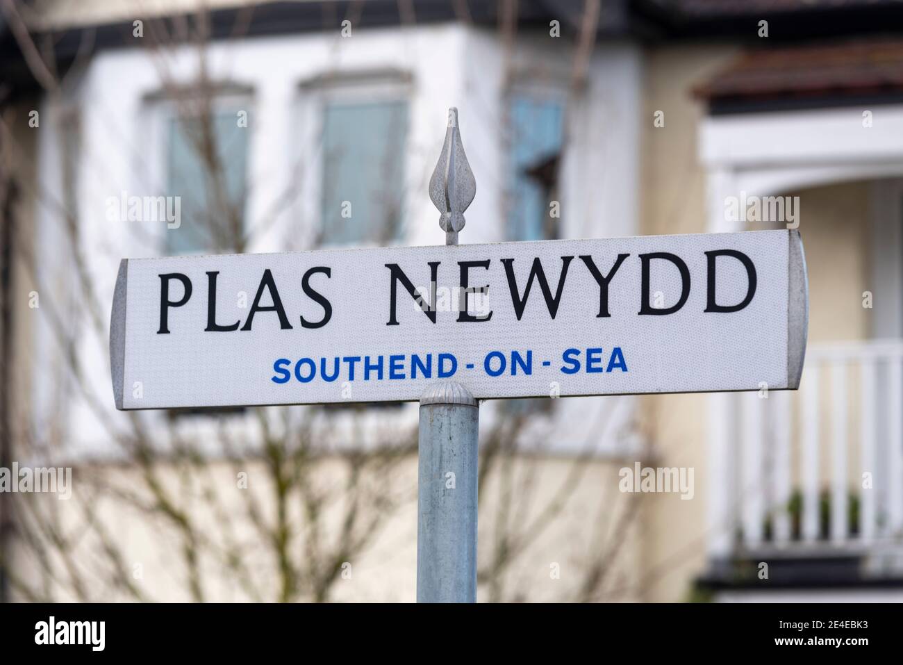 Plas Newydd Straßenschild in Southend on Sea, Essex, UK. Wegweiser in Wohngebiet Stockfoto