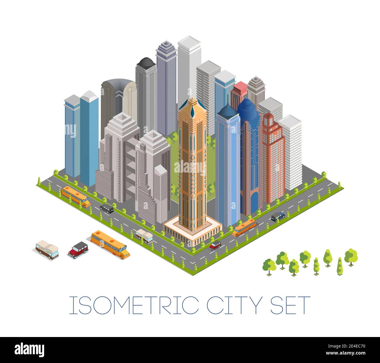 Megapolis 3d isometrische Stadt. Häuser Set, Büro, Bank, Wolkenkratzer, Gebäude. Schulbus isometrisch, Offroad-Auto, Wohnmobil. Vektor der Parkstruktur. Zeichentrickfilm Stock Vektor