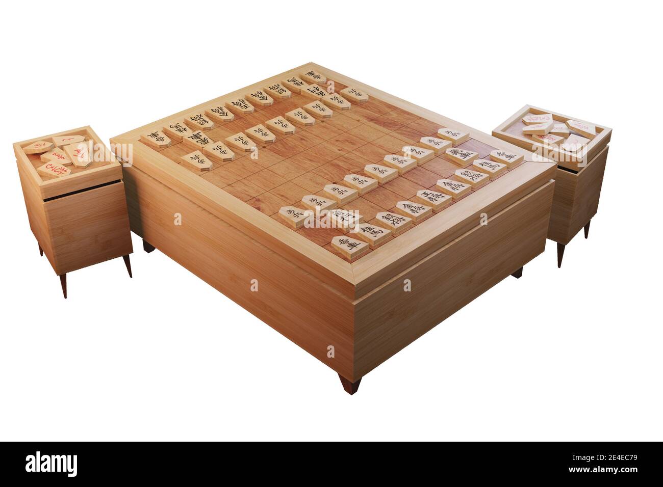 Das japanische Schach isoliert weißen Hintergrund, Wort, das in dem Stück geschrieben ist, ist rook, Gold Generäle, Ritter, Lanzen, Bauern, König, Bischof, Silber Generäle Stockfoto