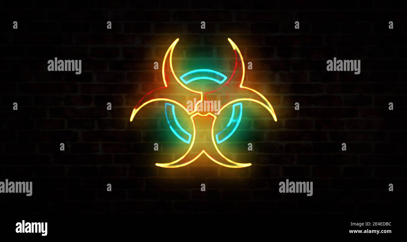 Biohazard Symbol, Virus Pandemie, covid-19 Epidemie, Gefahr Warnung, toxische und biologische Warnung Neon-Zeichen auf Ziegelwand. Abstraktes 3d-Rendering illustrr Stockfoto