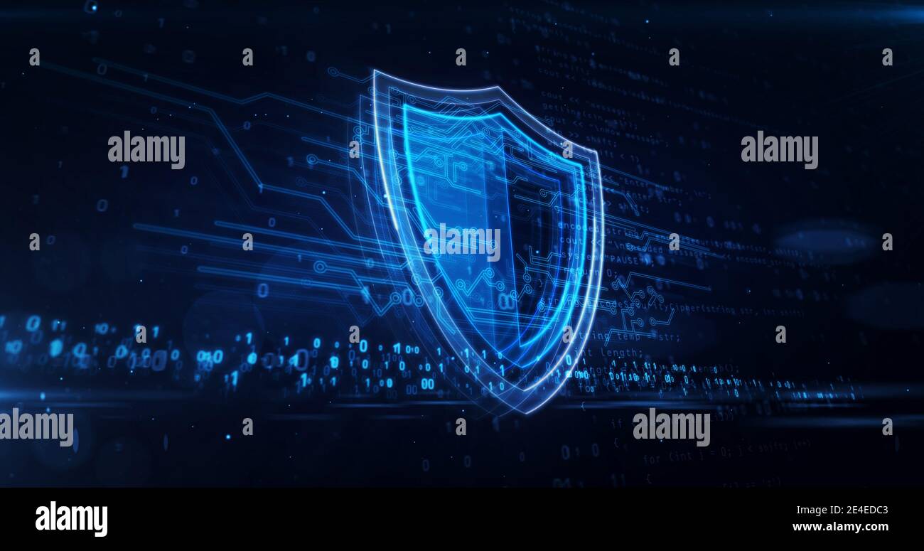 Cyber-Sicherheitskonzept mit Schild-Symbol, Datenschutz und Computer-Sicherheit-Symbol. Futuristische abstrakte 3d-Darstellung. Stockfoto