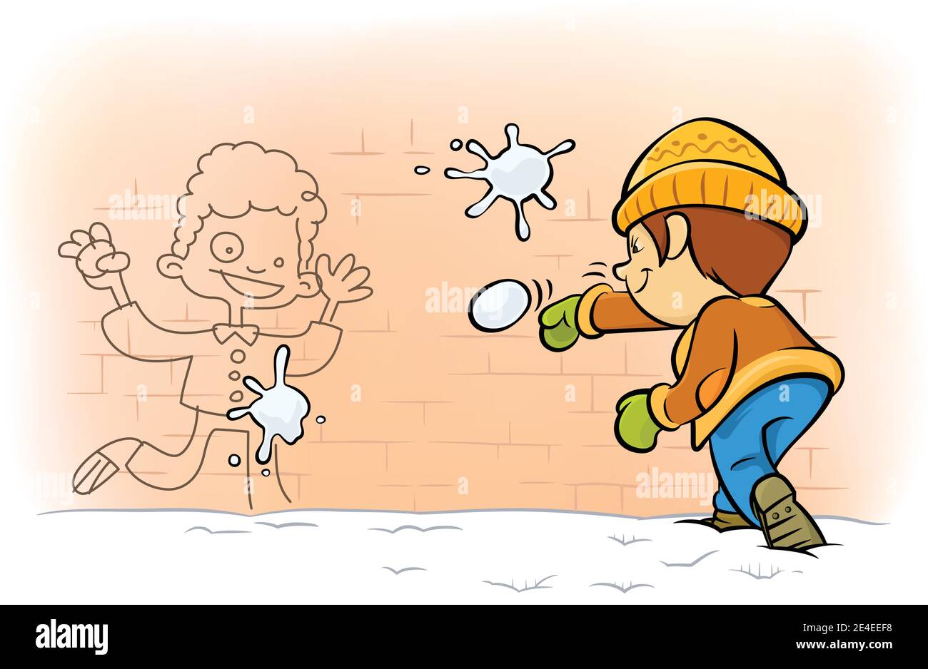 Ein Kind, das Schneebälle auf bemalte Jungen an der Wand schießt. Schneeballschlacht Cartoon Stock Vektor