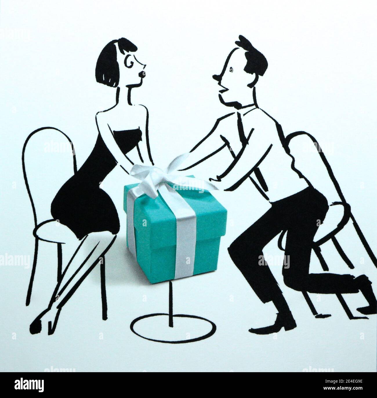 Tiffany & Co Karteneinlage mit Geschenk und dem perfekten Paar Grafiken danken Ihnen für den Kauf schwarz und weiß geschrieben Auf Spanisch Stockfoto