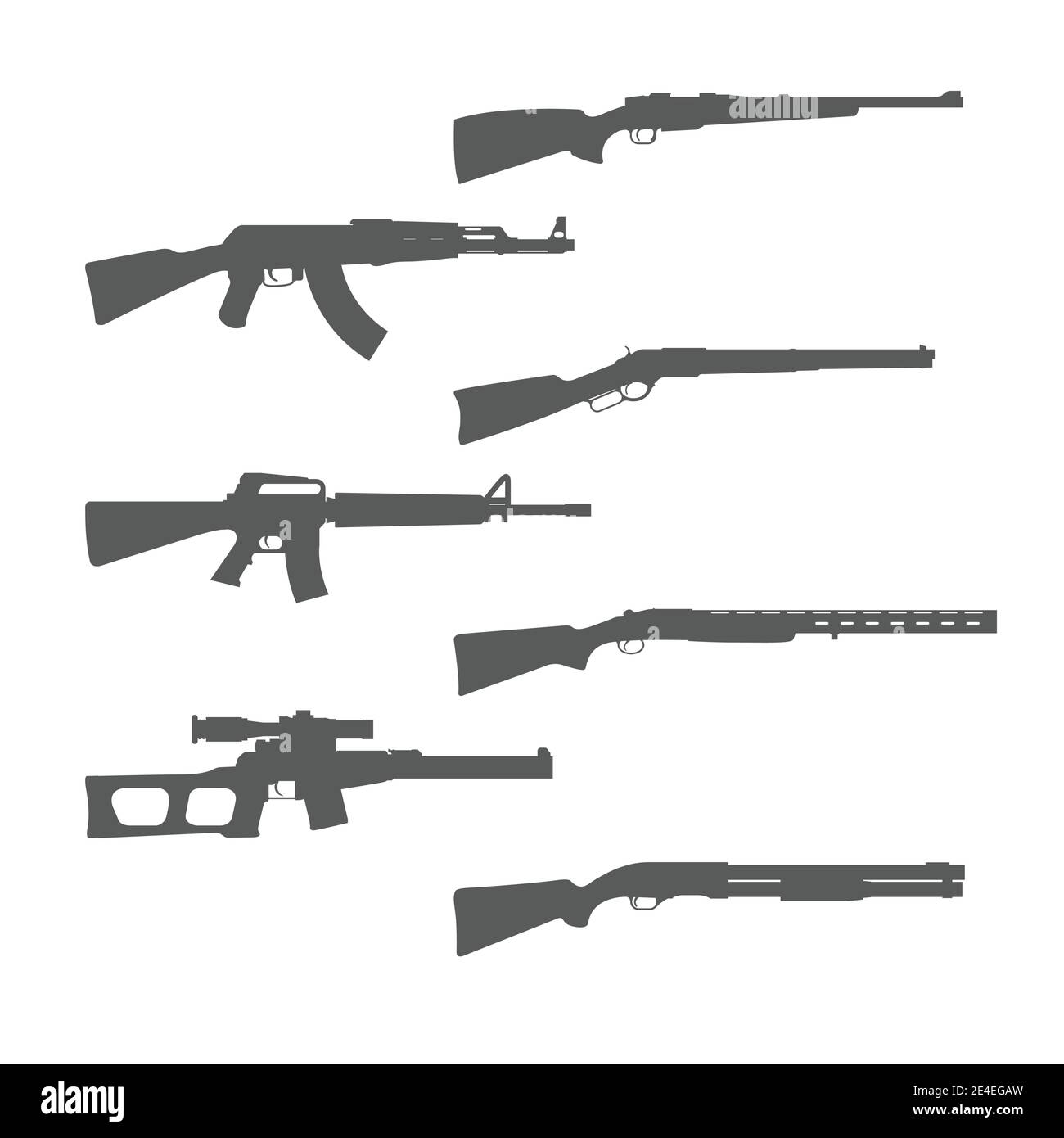 Schusswaffen Silhouetten Sammlung, Schrotflinte, m16 Gewehr und Jagd Handfeuerwaffe, Waffen und Waffen, Vektor Stock Vektor