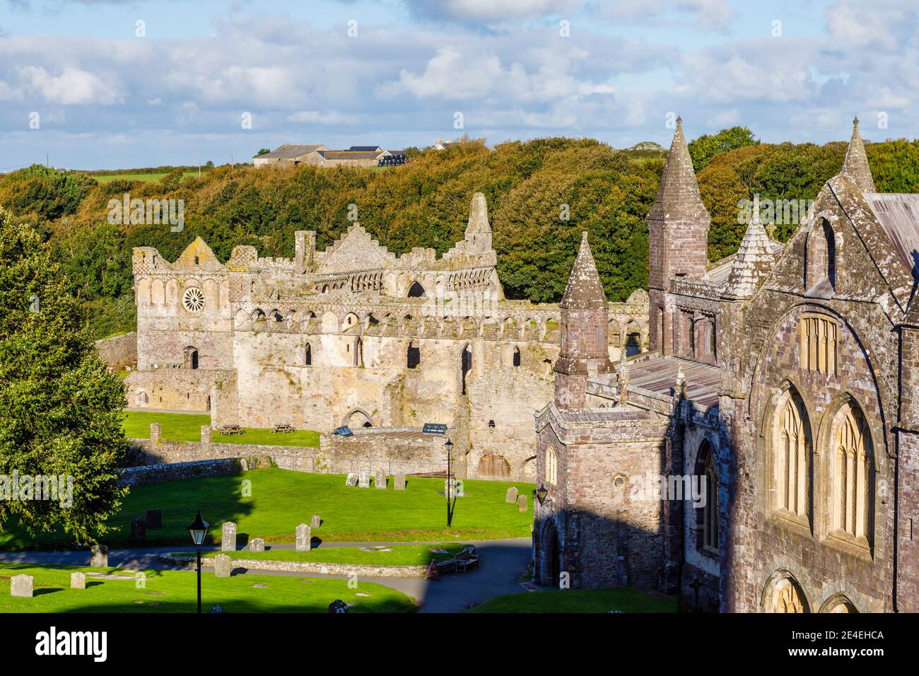 Der zerstörte Bischofspalast in der St. David's Cathedral (Eglwys Gadeiriol Tyddewi) in St. David's, einer kleinen Domstadt in Pembrokeshire, Südwesten von Wales Stockfoto