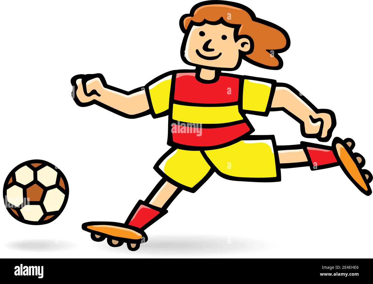 Junger Fußballspieler und Fußballspieler tritt Ball, Karikatur Clipart Stock Vektor