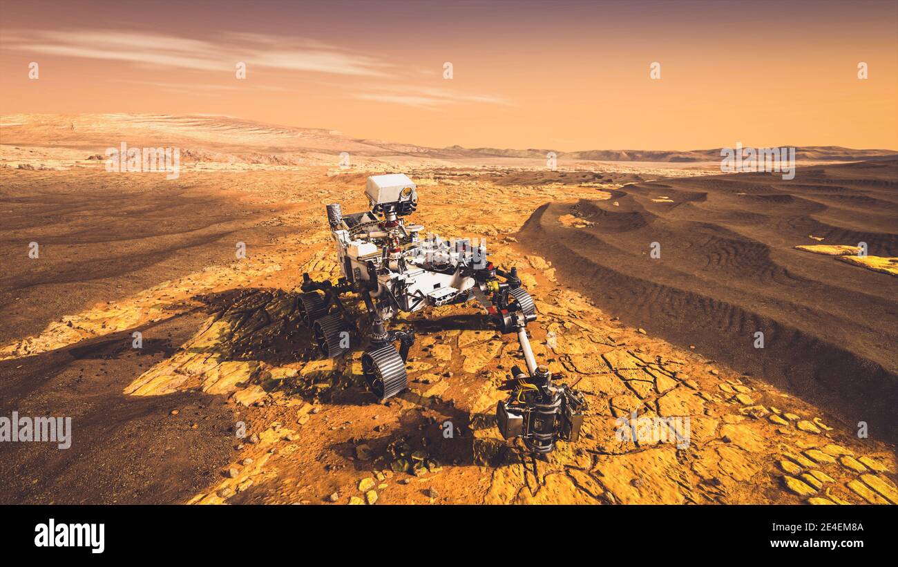 Unbemannte Rover Fahrzeug auf Mars Exploration Mission läuft durch den Planeten Boden . 3D-Illustration . Elemente dieses Bildes, die von der NASA eingerichtet wurden Stockfoto